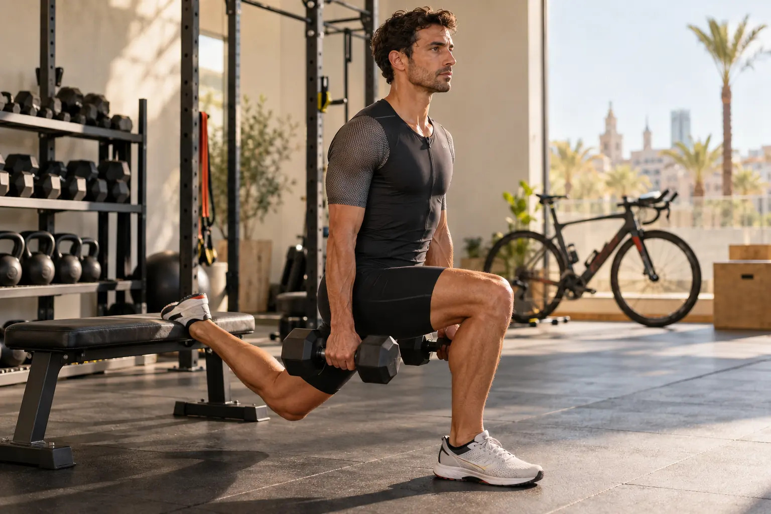 Fuerza para triatletas: triatleta haciendo sentadilla búlgara en el gimnasio