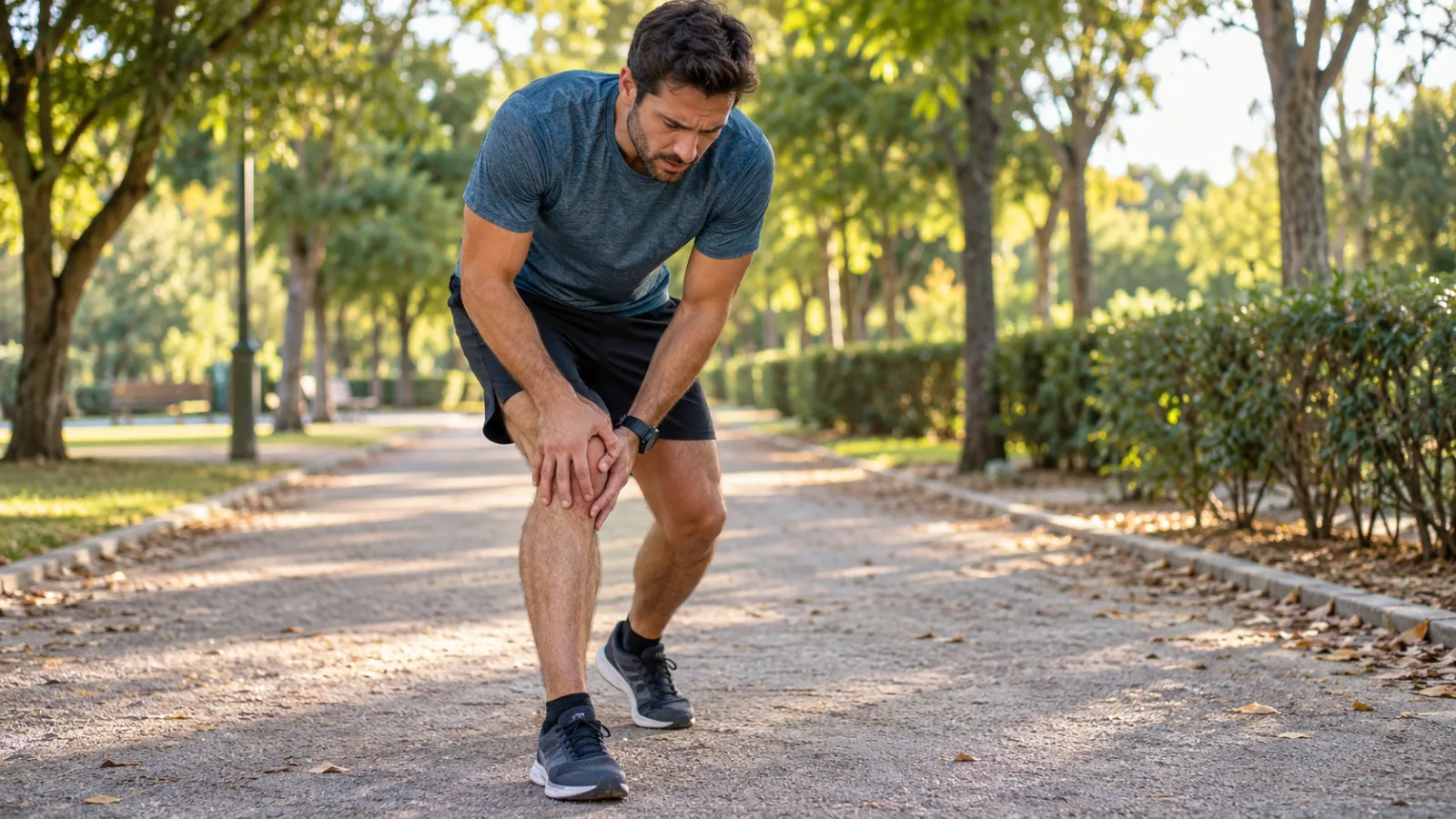 Dolor de rodilla al correr: corredor detenido en un parque