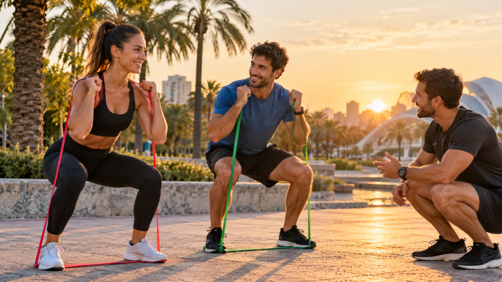 Entrenamiento en pareja con entrenador personal en un parque de Valencia