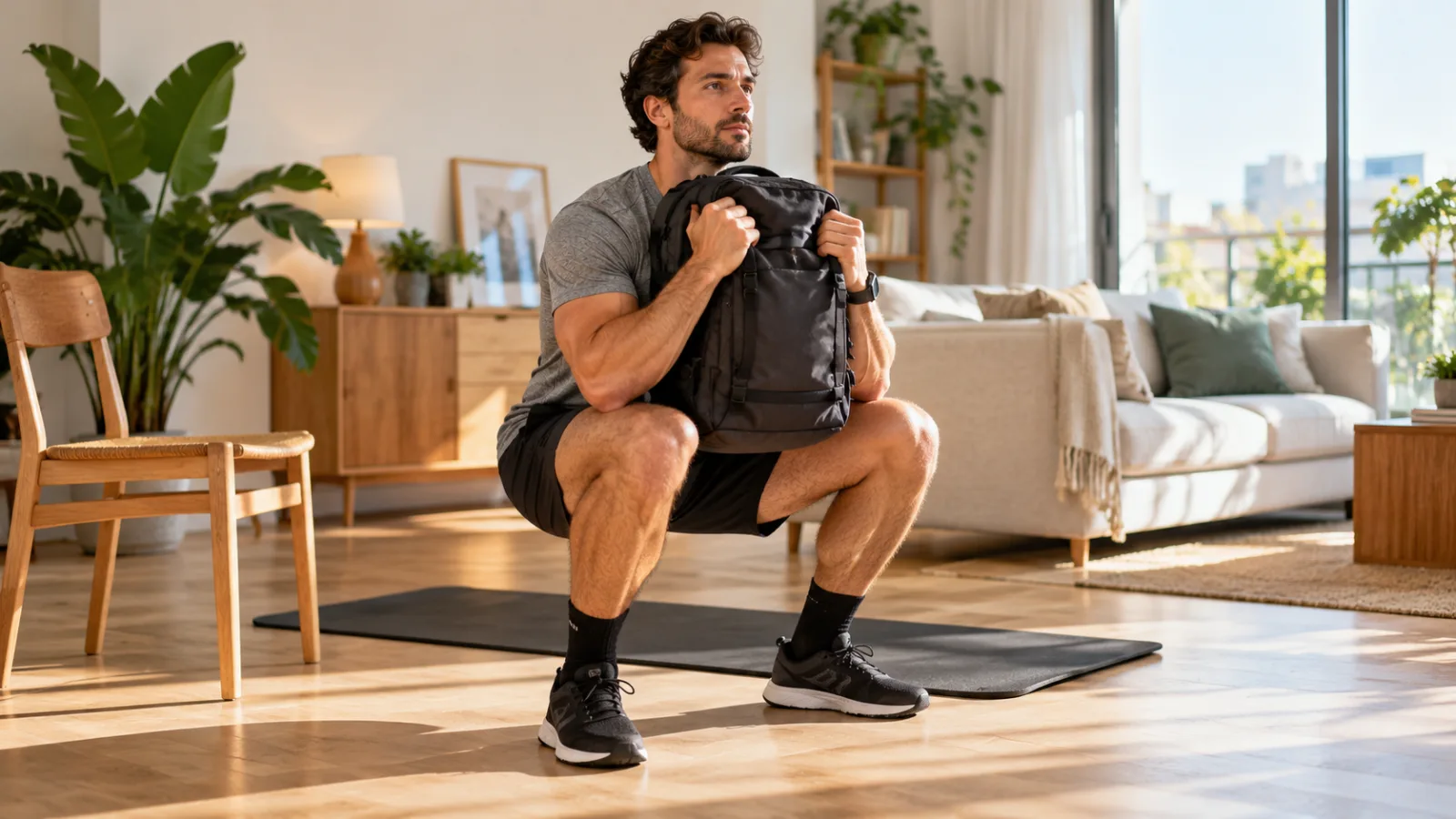 Entrenar en casa sin material: sentadilla con mochila en el salón