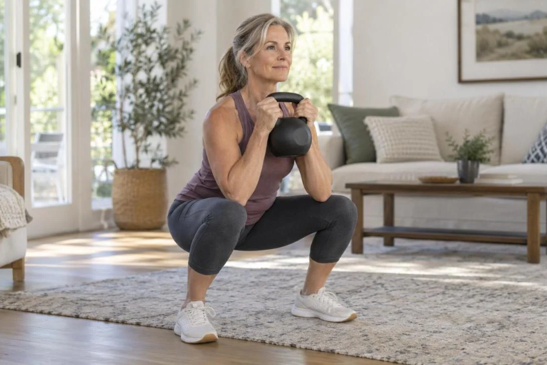 Fuerza en la menopausia: mujer haciendo una sentadilla goblet con kettlebell en casa