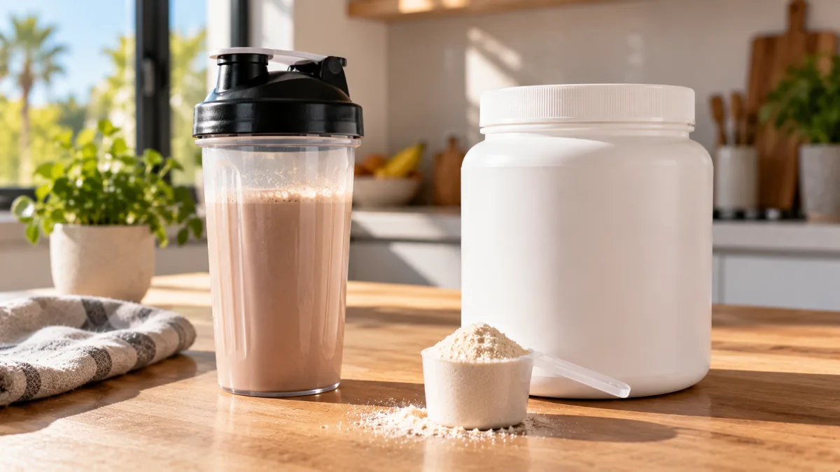 Proteína en polvo: shaker con batido y bote de proteína sobre la mesa